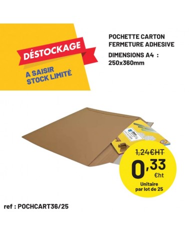 Déstockage : Pochette carton fermeture adhésive A4 360x250mm - Lot de 25