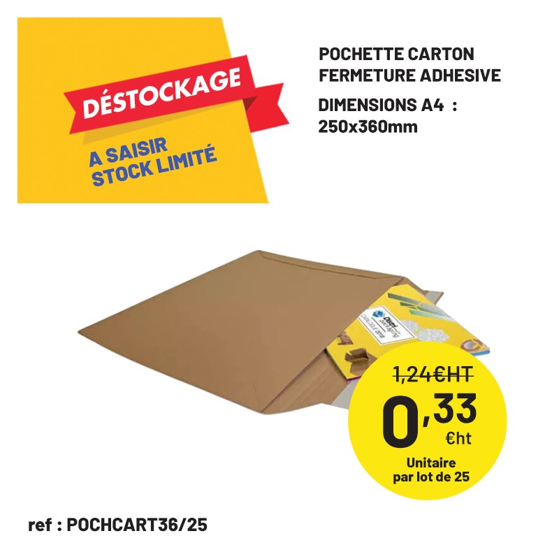 Déstockage : Pochette carton fermeture adhésive A4 360x250mm - Lot de 25