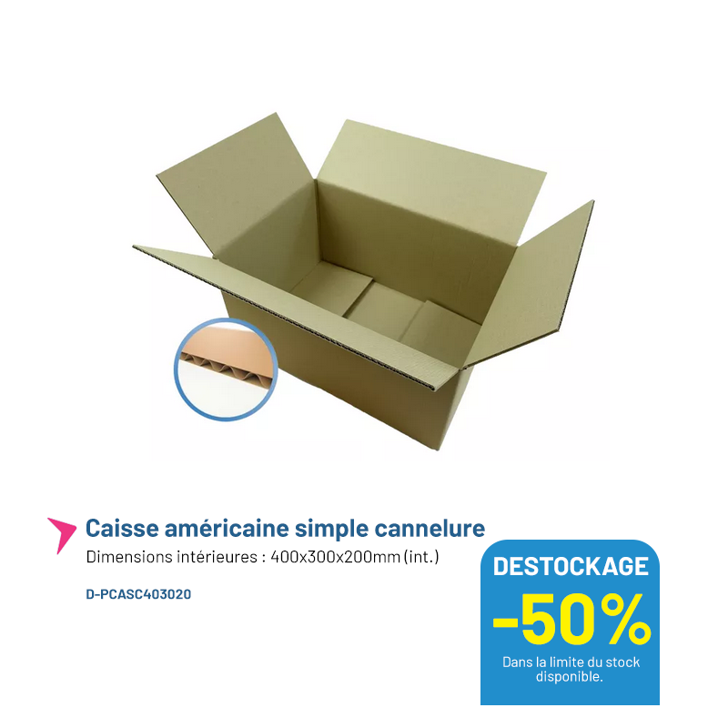 Caisse américaine simple cannelure - 400x300x200mm - Lot de 20